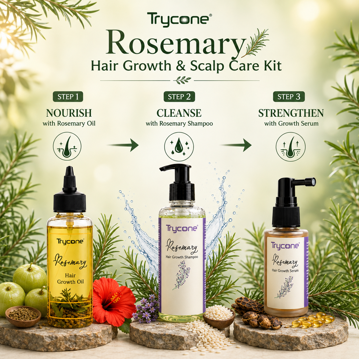 Rosemary Hair Growth Kit & Anti Hair Fall Combo | Includes Shampoo (200ml), Hair Oil (200ml) & Advanced Hair Growth Serum (30ml) with Redensyl & Biotin | Complete 3-Step Hair Regimen for Men & Women