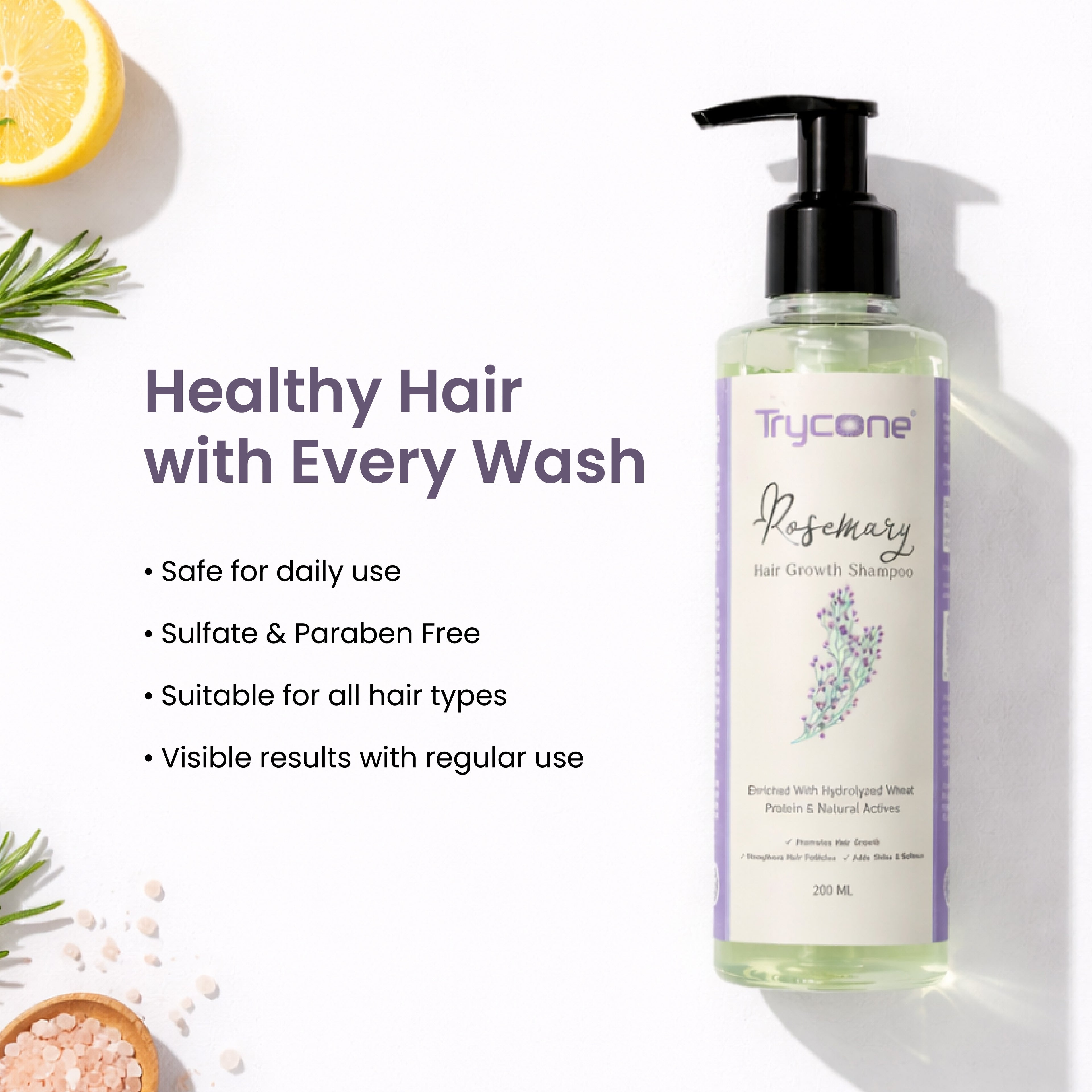 Trycone Rosemary Hair Shampoo Enriched with Hydrolyzed Wheat Protein & Natural Actives β 200 Ml