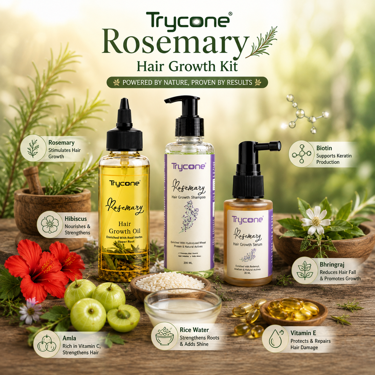 Rosemary Hair Growth Kit &amp; Anti Hair Fall Combo | Includes Shampoo (200ml), Hair Oil (200ml) &amp; Advanced Hair Growth Serum (30ml) with Redensyl &amp; Biotin | Complete 3-Step Hair Regimen for Men &amp; Women