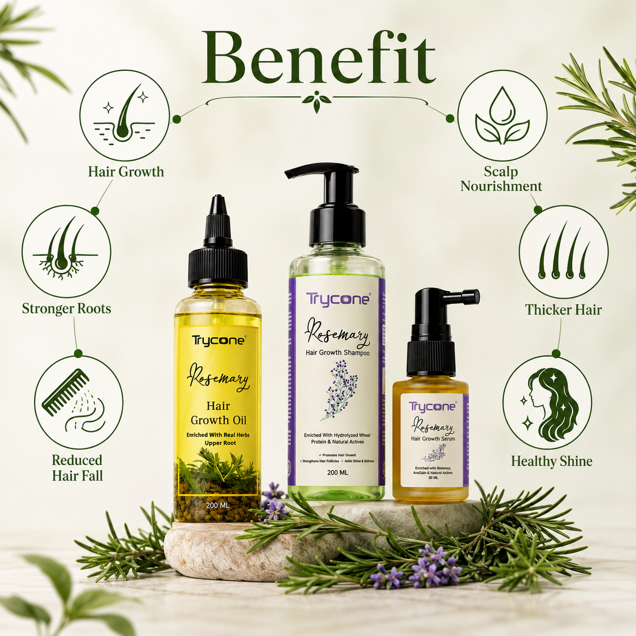 Rosemary Hair Growth Kit &amp; Anti Hair Fall Combo | Includes Shampoo (200ml), Hair Oil (200ml) &amp; Advanced Hair Growth Serum (30ml) with Redensyl &amp; Biotin | Complete 3-Step Hair Regimen for Men &amp; Women