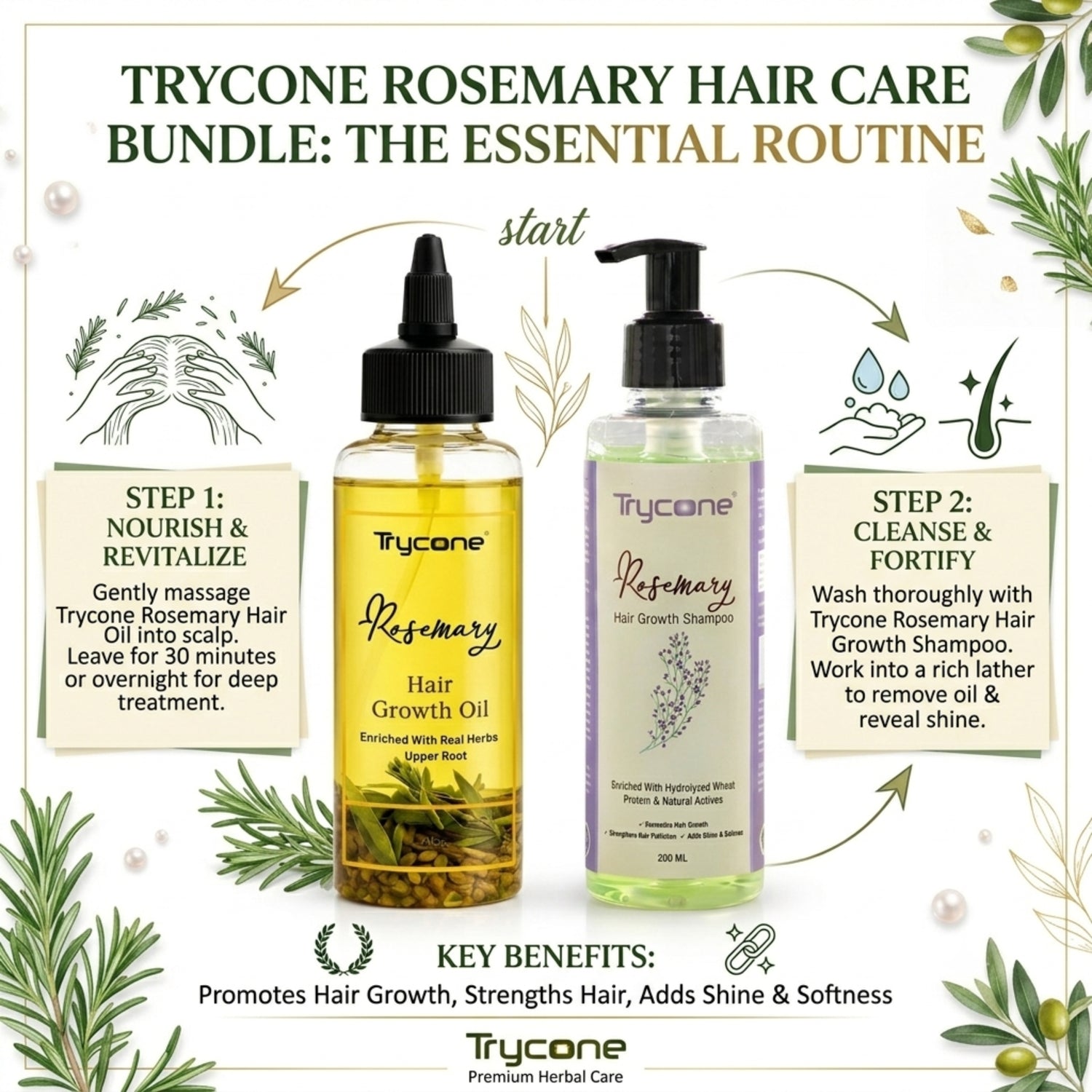 Rosemary Hair Growth Combo – Hair Oil 200ml + Shampoo 200ml | Controls Hair Fall, Strengthens Roots &amp; Promotes Hair Growth | 2-Step Hair Care Kit for Men and Women